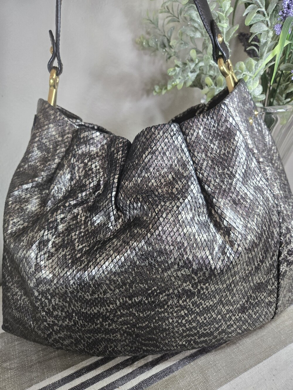 Vintage Furla Metallic Python Embossed Leather Large Hobo Shoulder Bag - Picture 6 of 13